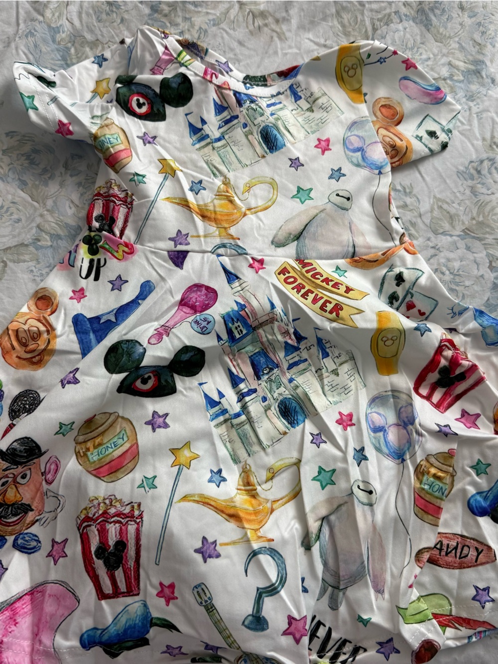 White Novelty Print Dress with Colorful Icons
